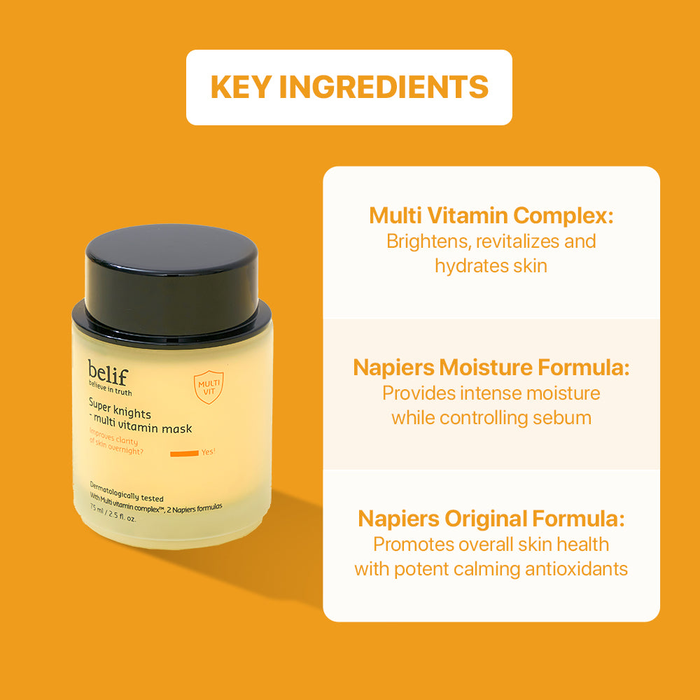 belif Super Knights Multi Vitamin Mask 75ml key ingredients: Multi Vitamin Complex and Napiers formulas