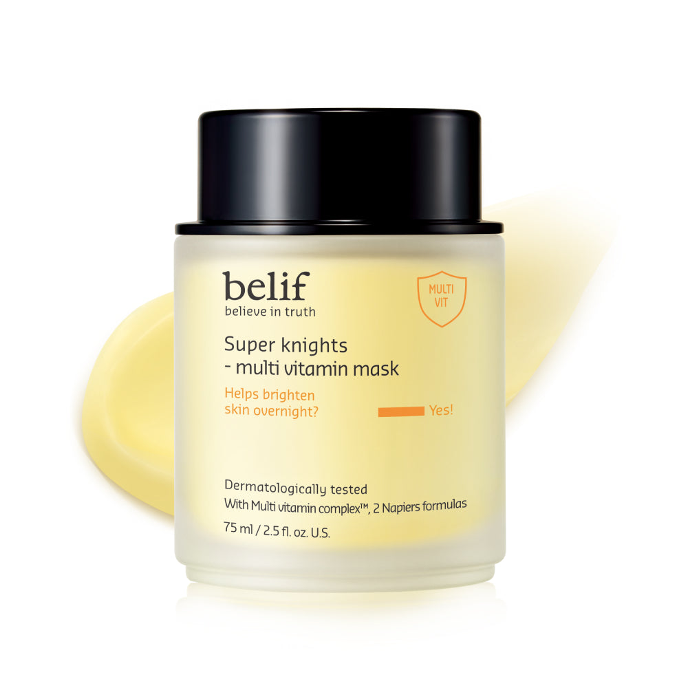 belif Super Knights Multi Vitamin Mask 75ml jar with cream texture swatch
