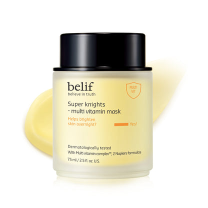 belif Super Knights Multi Vitamin Mask 75ml jar with cream texture swatch