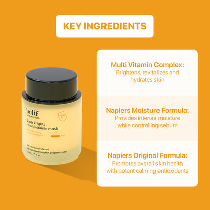 belif Super Knights Multi Vitamin Mask 75ml key ingredients: Multi Vitamin Complex and Napiers formulas