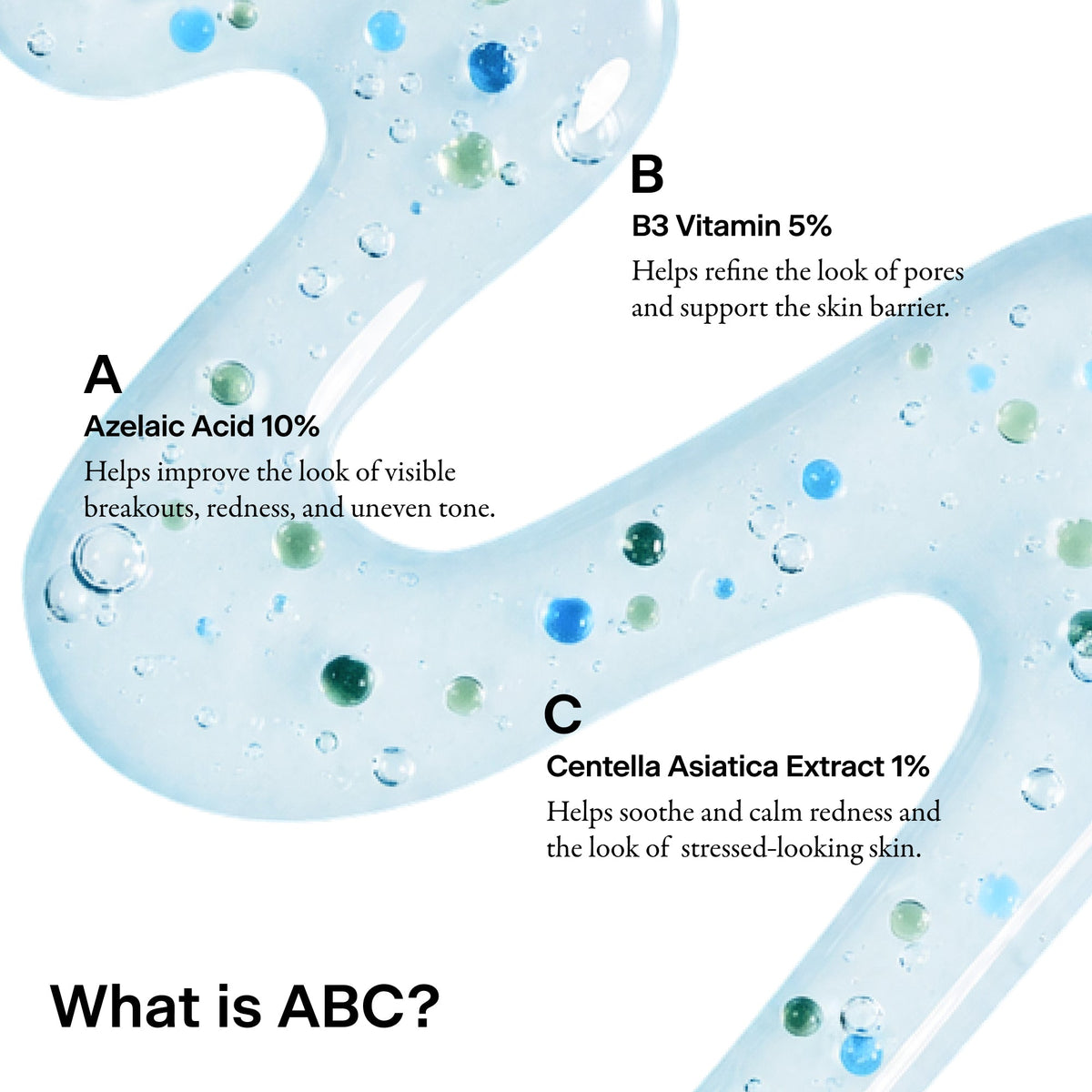 THOME ABC serum key ingredients: Azelaic Acid 10%, B3 Vitamin 5%, Centella Asiatica 1%
