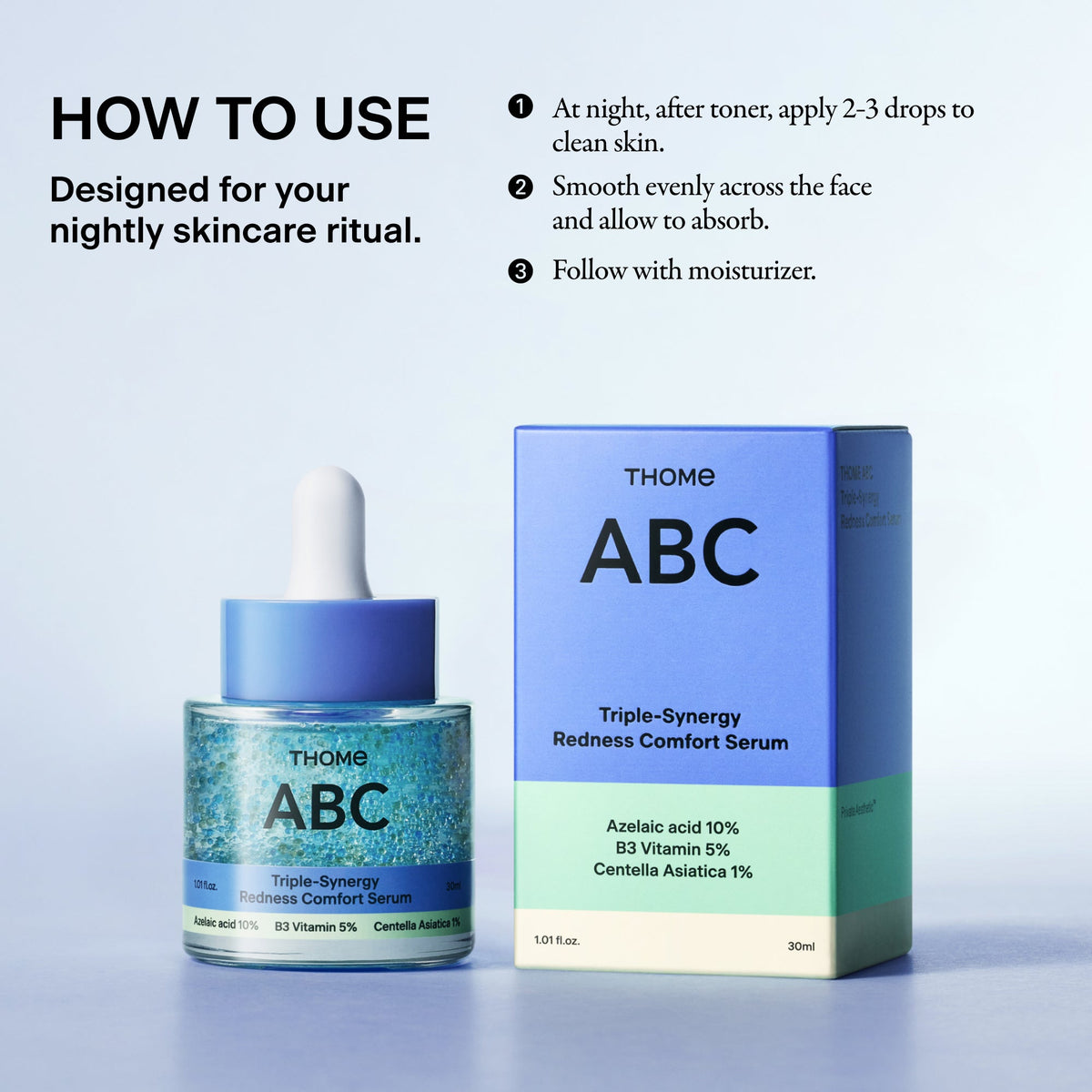 THOME ABC Triple-Synergy Redness Comfort Serum box and bottle, how to use