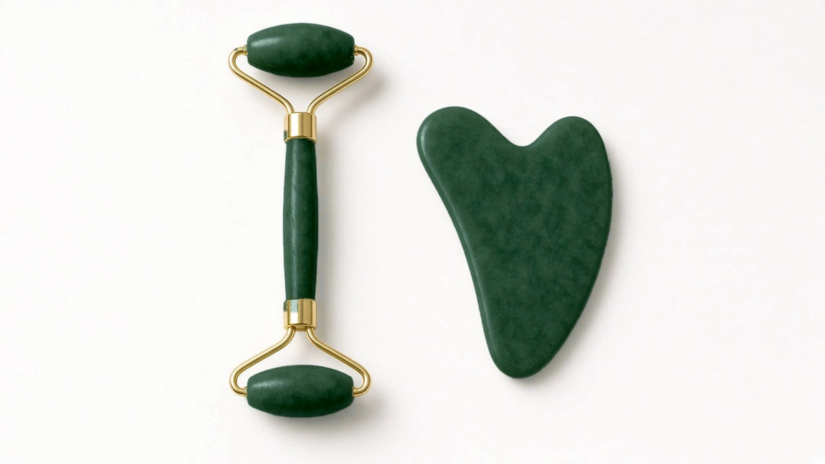 AU Beauty Bazaar dark green jade roller and gua sha set, top view