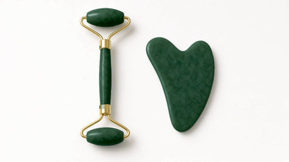 AU Beauty Bazaar dark green jade roller and gua sha set, top view
