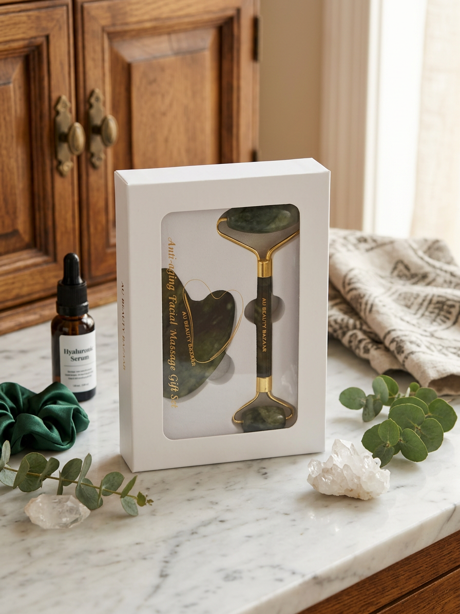 AU Beauty Bazaar jade roller and gua sha facial massage gift set in gift box