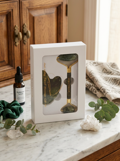 AU Beauty Bazaar jade roller and gua sha facial massage gift set in gift box