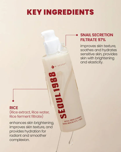 KSECRET SEOUL 1988 Essence Snail Mucin 97% + Rice 100 ml - AU Beauty Bazaar